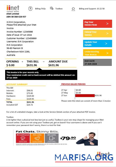 Blank Australia iiNet utility bill template in Word and PDF format